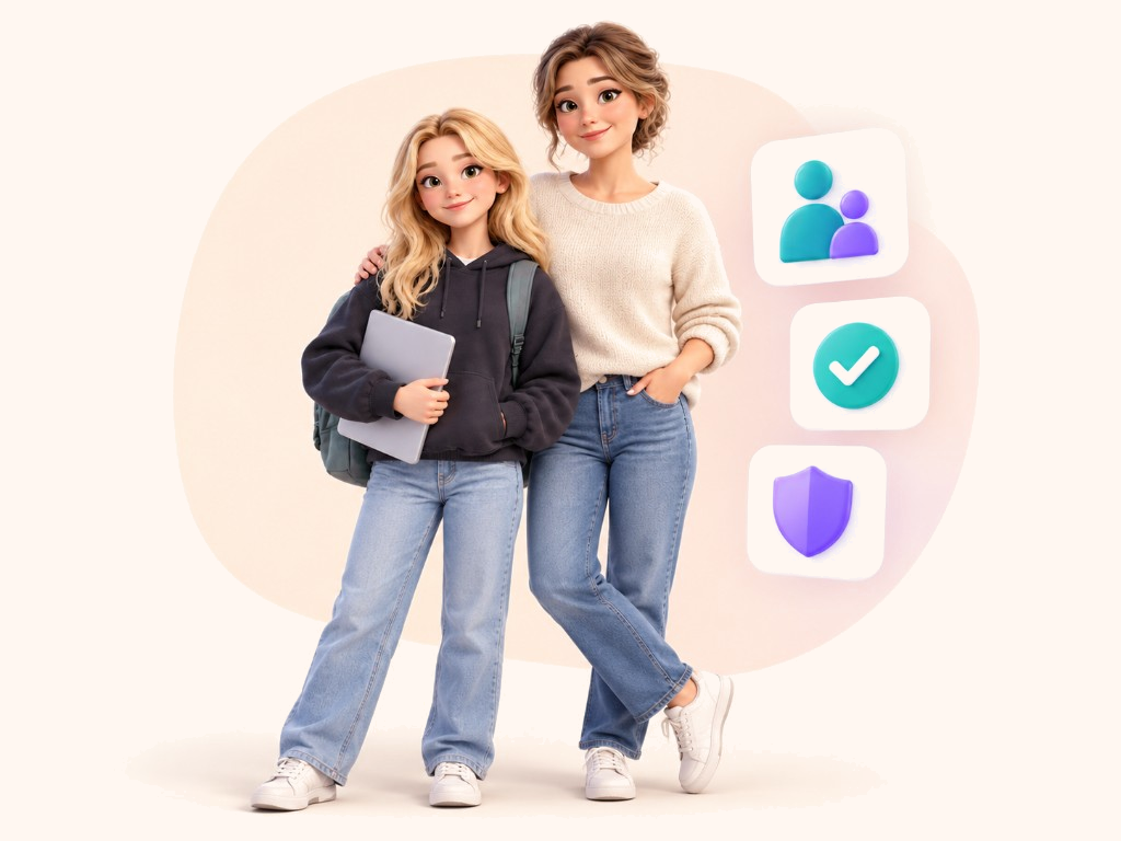 A teen standing with her parent beside safety and approval icons