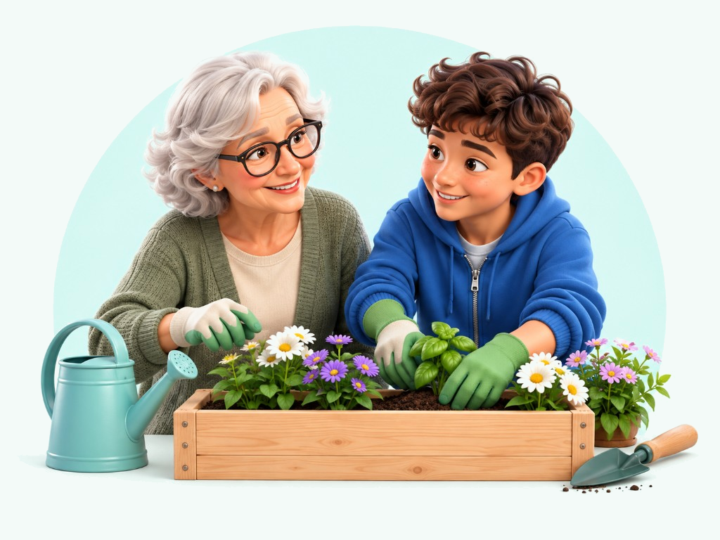 An older woman and a teen boy gardening together