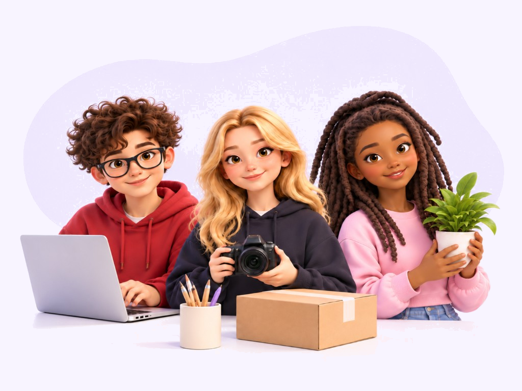 Three TeenEarn teenagers with a laptop, camera, plant, and package